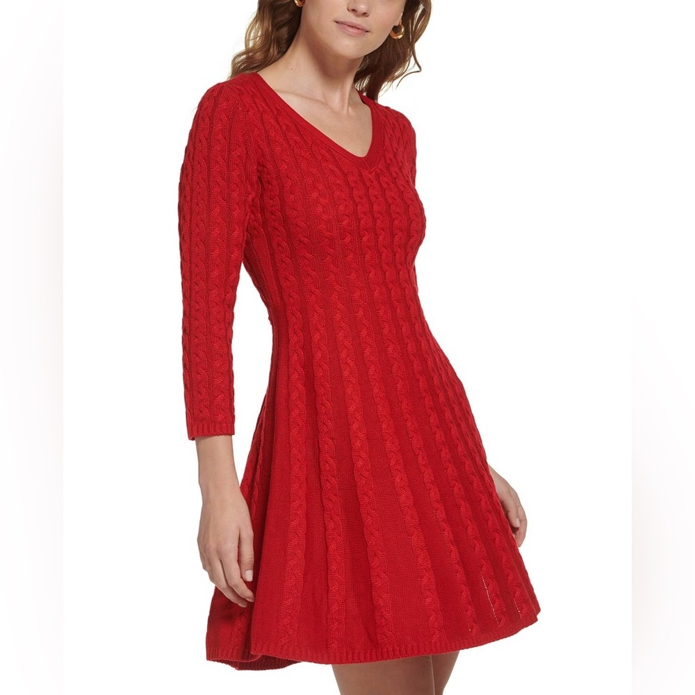 JH Women’s Red Long Sleeve Cable Kint Sweater Dress! Size Medium.